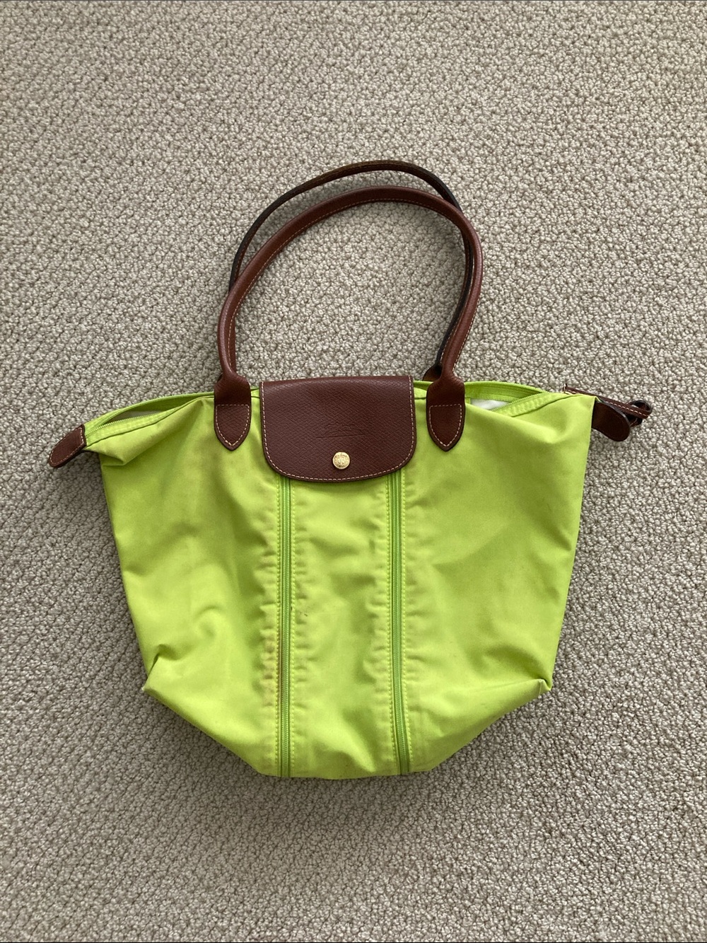 Longchamp Lime Green Nylon Tote Packable Brown Leather Trim GUC